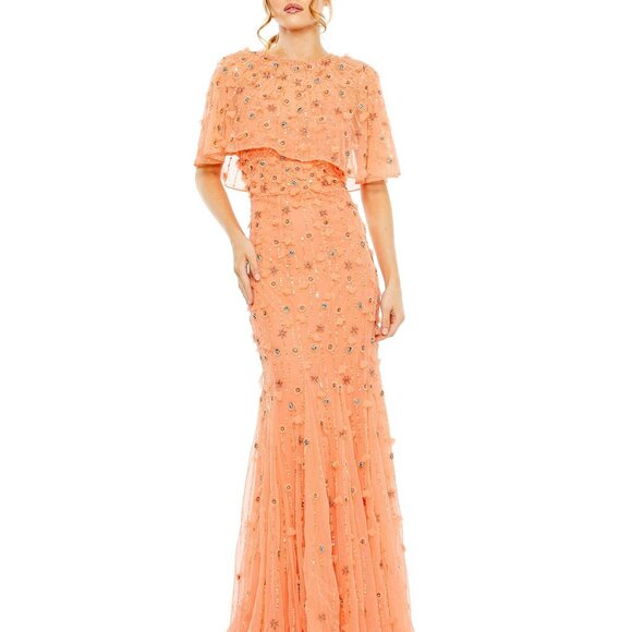 NWT $698 Mac Duggal 10 Embellished Cape Sleeve Trumpet Gown in Coral Oran… - Picture 4 of 12